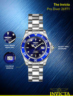 Invicta Men's Pro Diver Quartz Watch with Stainless Steel Strap, Silver, 20 (Model: 26971)