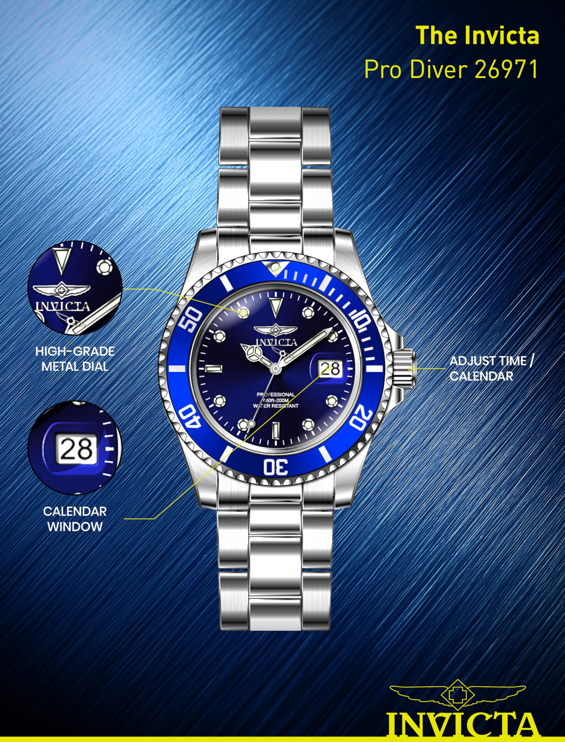 Invicta Men's Pro Diver Quartz Watch with Stainless Steel Strap, Silver, 20 (Model: 26971)