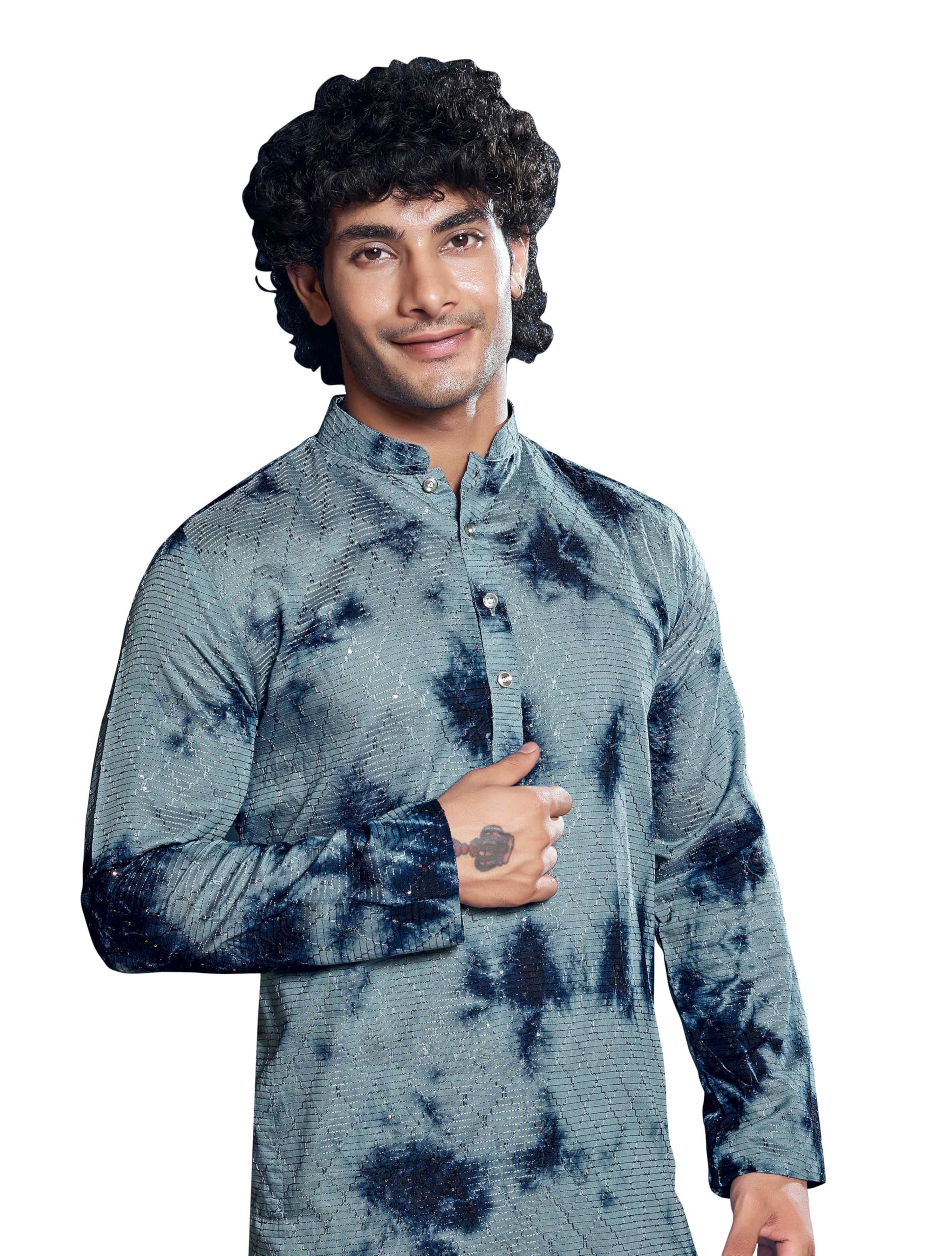 Vardha MenS Viscose Sequence Stitched Kurta, Flowy Blue Pattern Shibori Dyed Ethnic Kurtas For Men, Mandarin Collar, Pearl Butt
