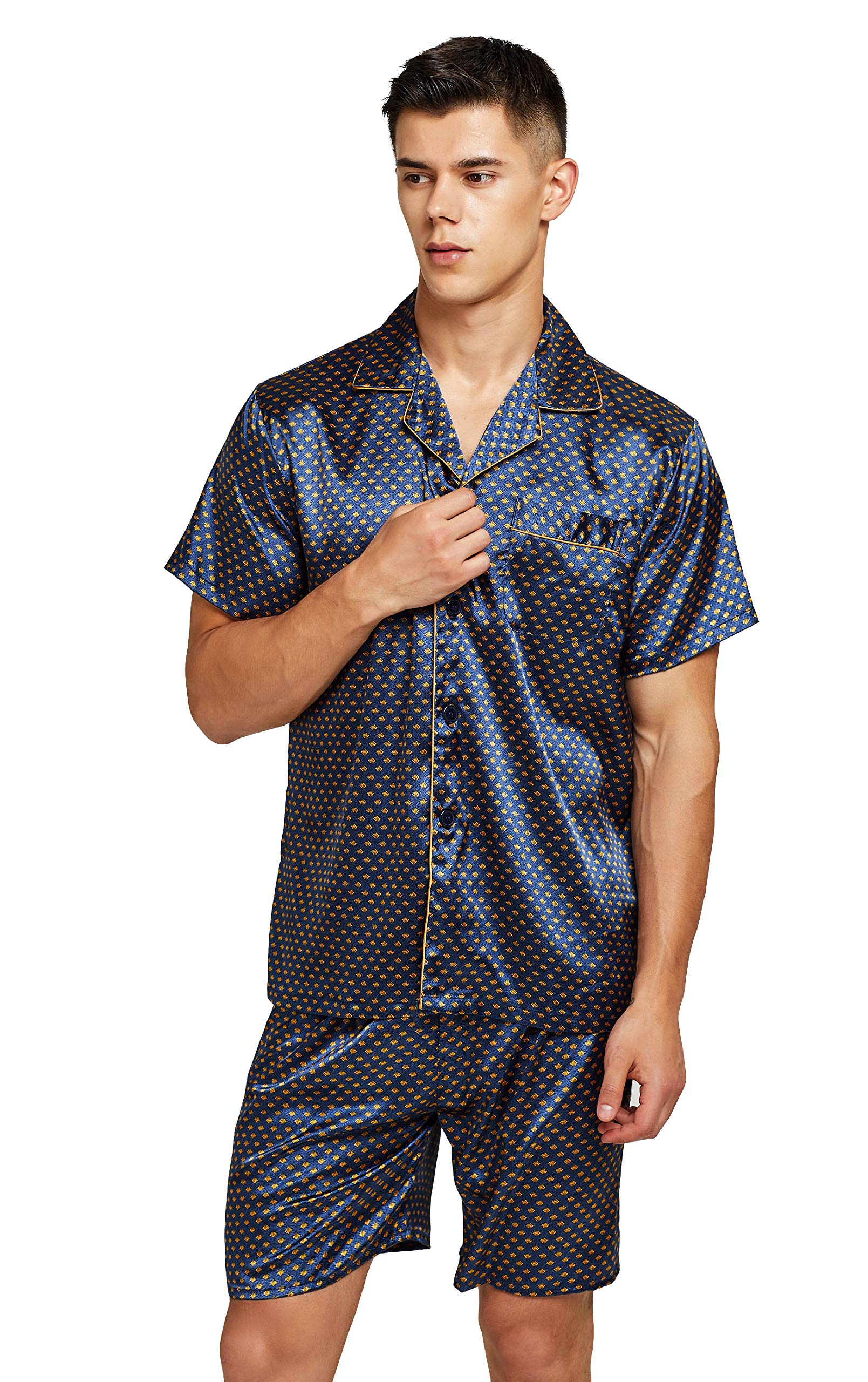 TONY AND CANDICE Men's Short Sleeve Satin Pajama Set with Shorts (Medium, Blue/Golden)