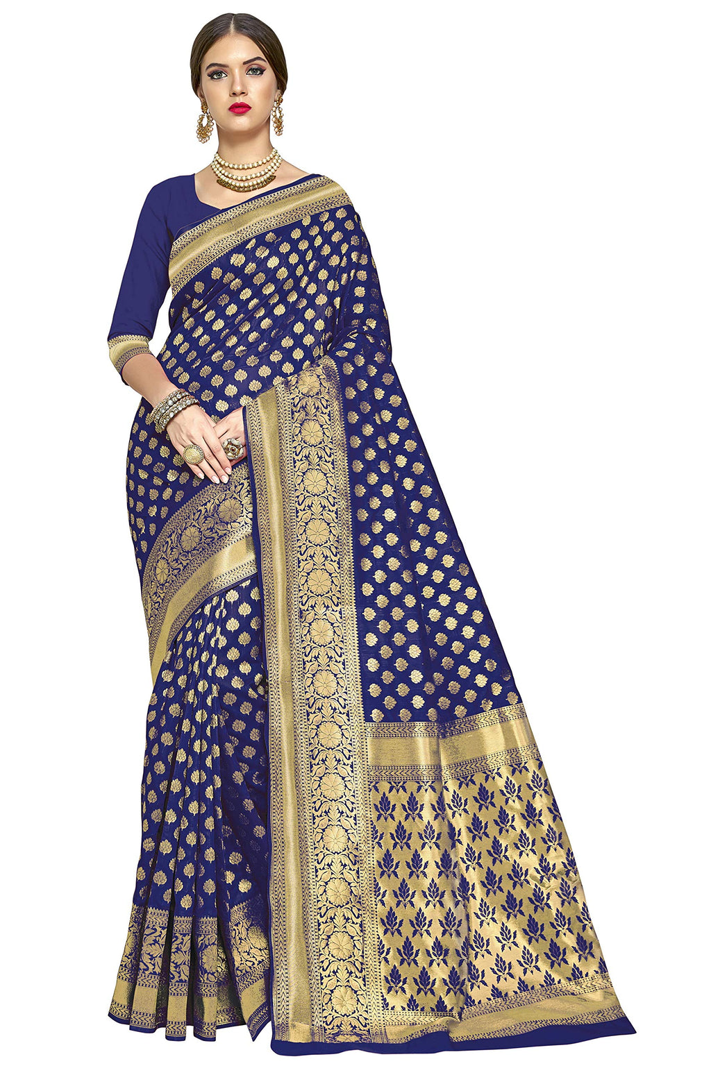 Glory Sarees Womens Jacquard Art Silk Kanchipuram Saree (kara115navyblue_Navy Blue)