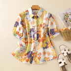 Gufrina Women Mustard Multicolor Floral Print Button-Down Shirt With Elbow Sleeves And Collar Neck In Soft Breathable Fabric Ide