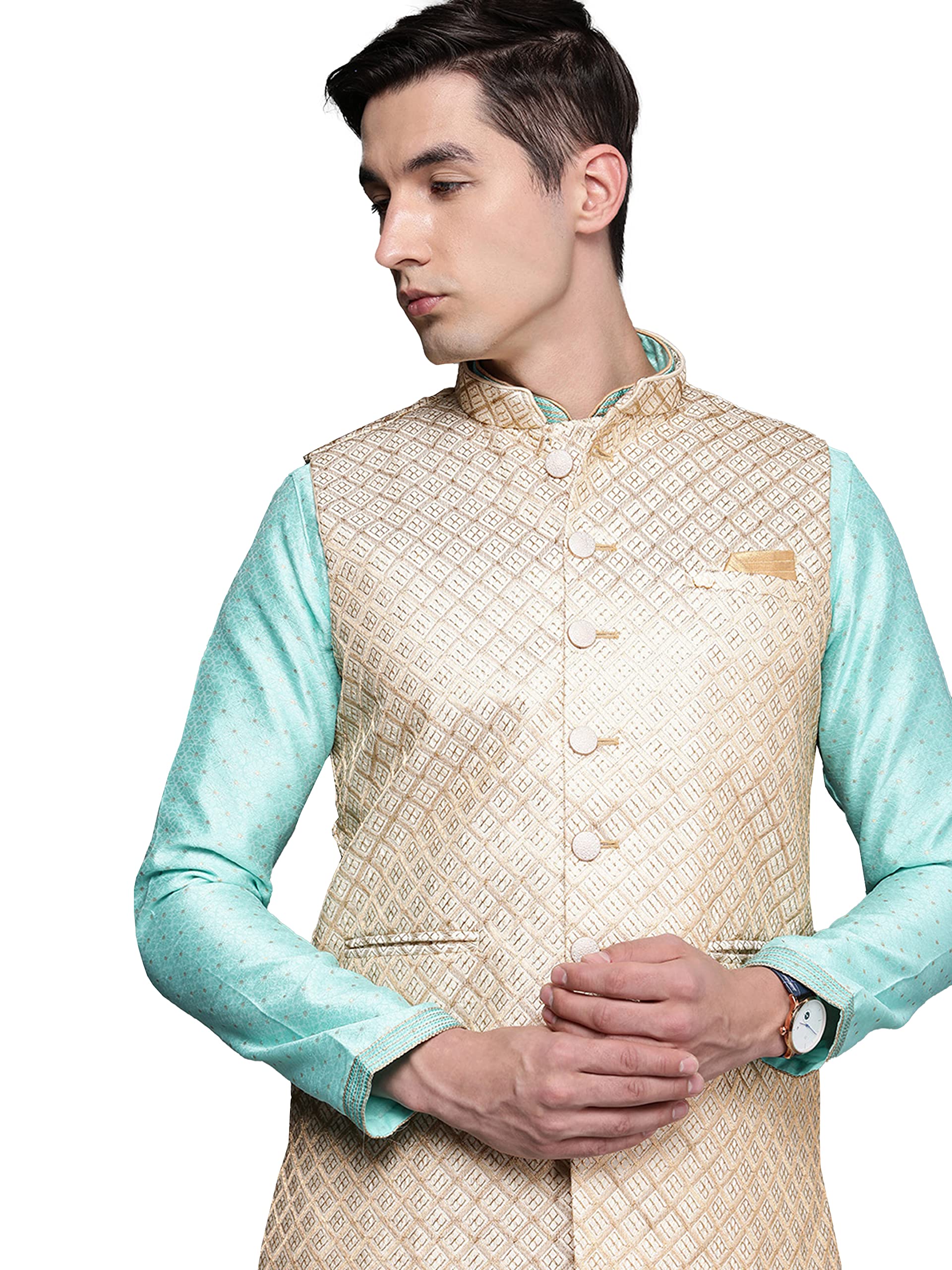 Manyavar Mens Jacket, Nehru Jacket for Men, Ethnic Jacket for Wedding, Party, Sleevless Jacket Art Silk (Off White, XL)