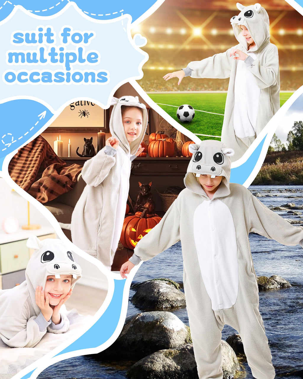 CANASOUR Hippo Onesie Kids Animal Halloween Cosplay Costume for 10-12 Years Girls Unisex Outfuit One Piece Hooded Soft Pajamas G
