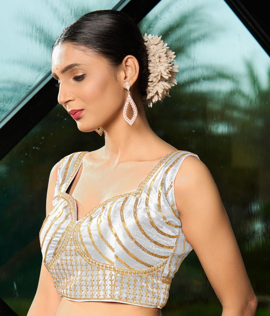 Pujia Mills WomenS Readymade Blouse Embroidery Multi Coding Gold Thread Indian Ethnic Designer Stitched Readymade Saree Sleevel