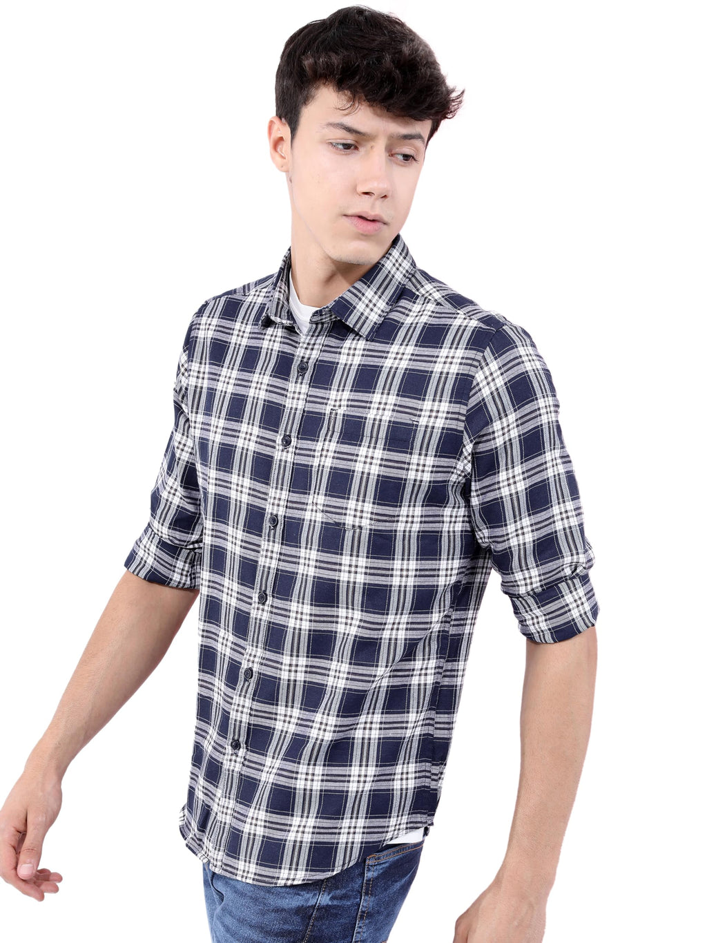 Ketch MenS Polyester Letter Print Straight Fit Shirt (Khsh000755_Navy/White L)