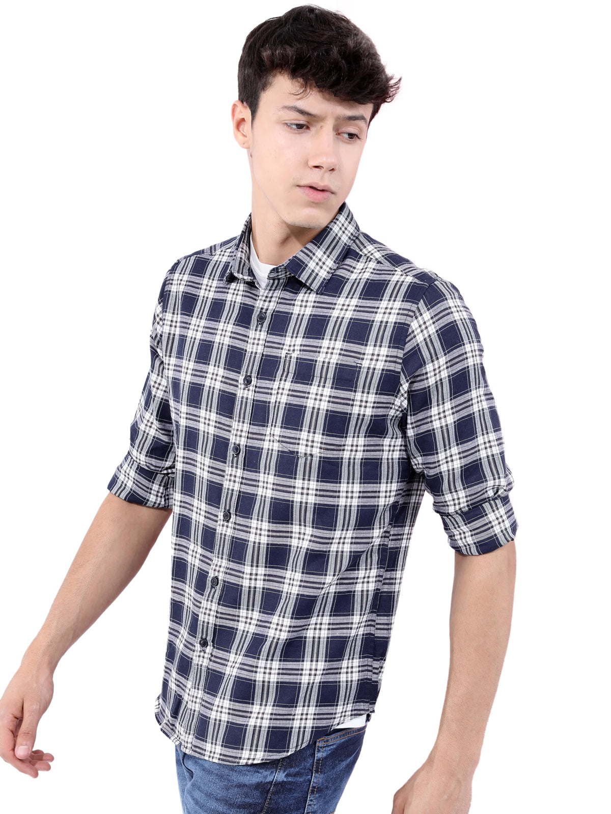 Ketch MenS Polyester Letter Print Straight Fit Shirt (Khsh000755_Navy/White L)