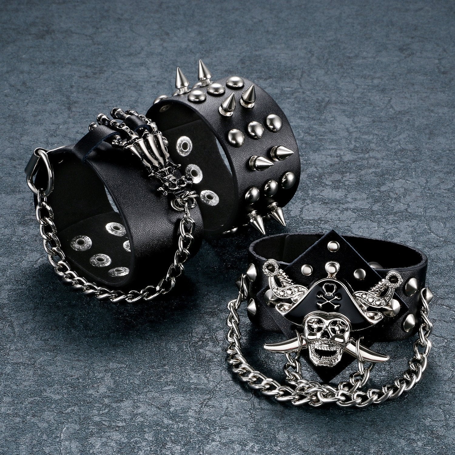 Aroncent 3PCS Spike Studded Bracelet Rock Biker Wide Strap Bracelet Set Adjustable Spiked Leather Cuff Bracelet Goth Punk Access