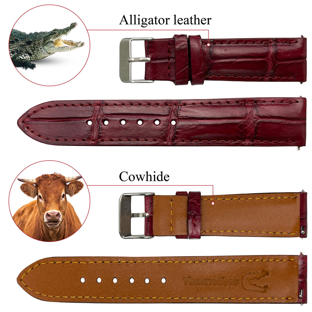 vinacreations 19mm Burgundy Alligator Belly Leather Watch Band Crocodile Strap Men Quick Release Premium Replacement Wristwatch