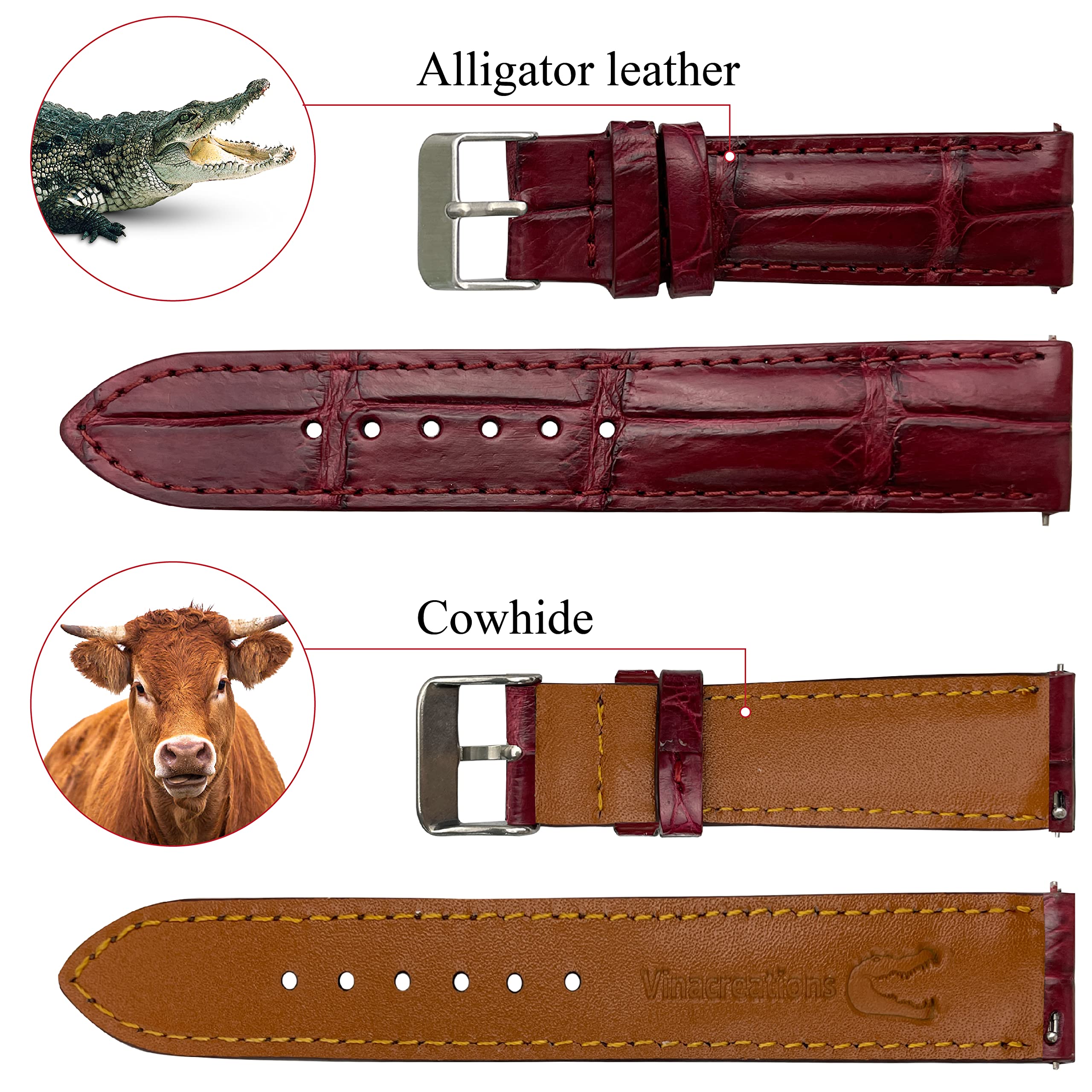 vinacreations 19mm Burgundy Alligator Belly Leather Watch Band Crocodile Strap Men Quick Release Premium Replacement Wristwatch