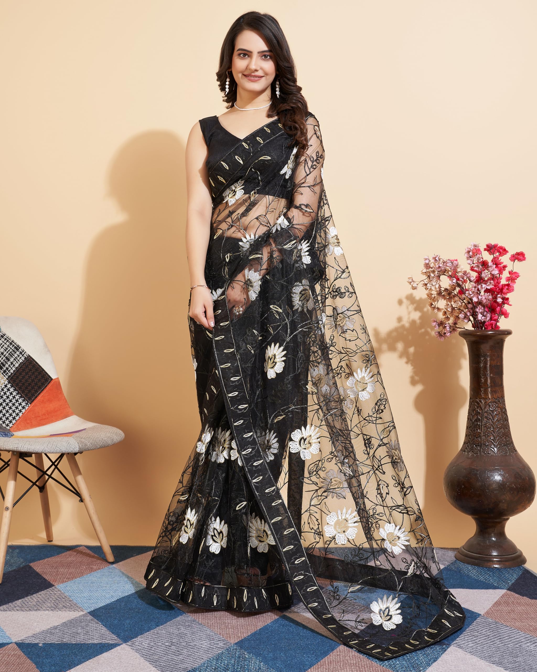 Vairagee WomenS Soft Net Flower Embroidered Border Work Saree And Unstitched Lilac Blouse Piece With Lace Work | Saree For Wedd