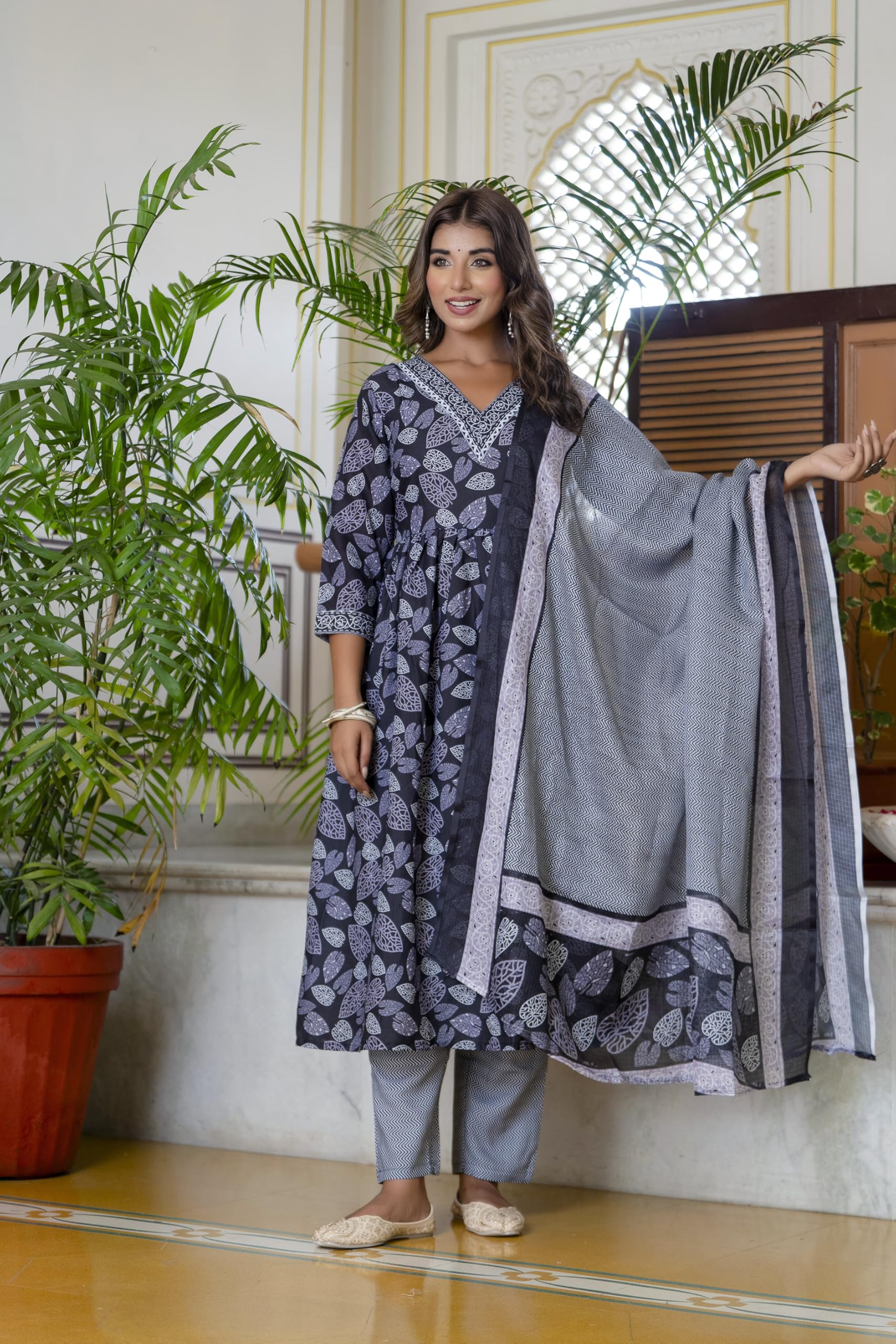 Yashika Women Printed Cotton Blend Lace A-Line Kurta Pant Dupatta Set - Ethnic Elegance For Every Occasion! Experience Comfort And Style With This Stunning Ensemble