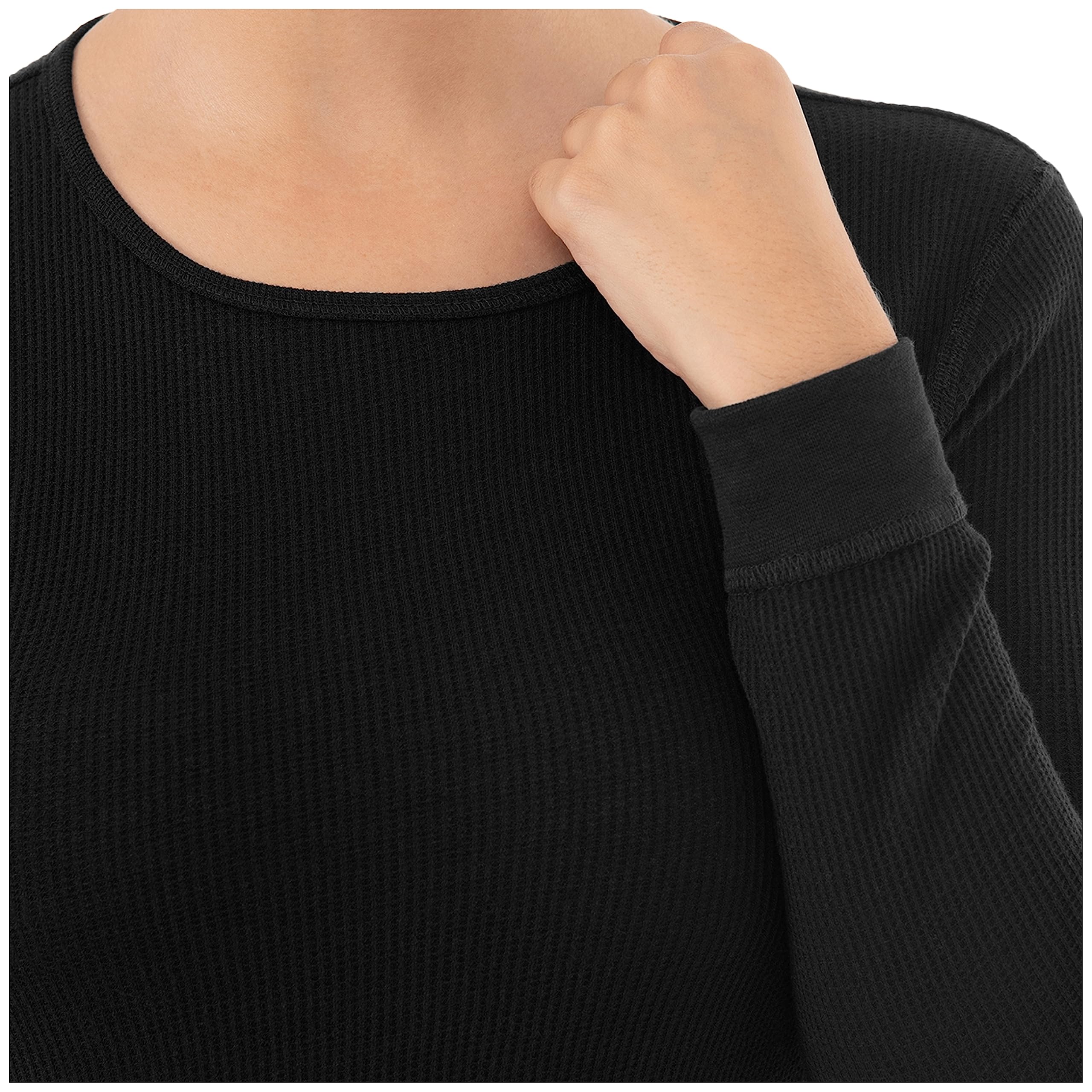 Fruit of the Loom Women's Micro Waffle Premium Thermal Underwear Tee Shirt, Black/Black, Large