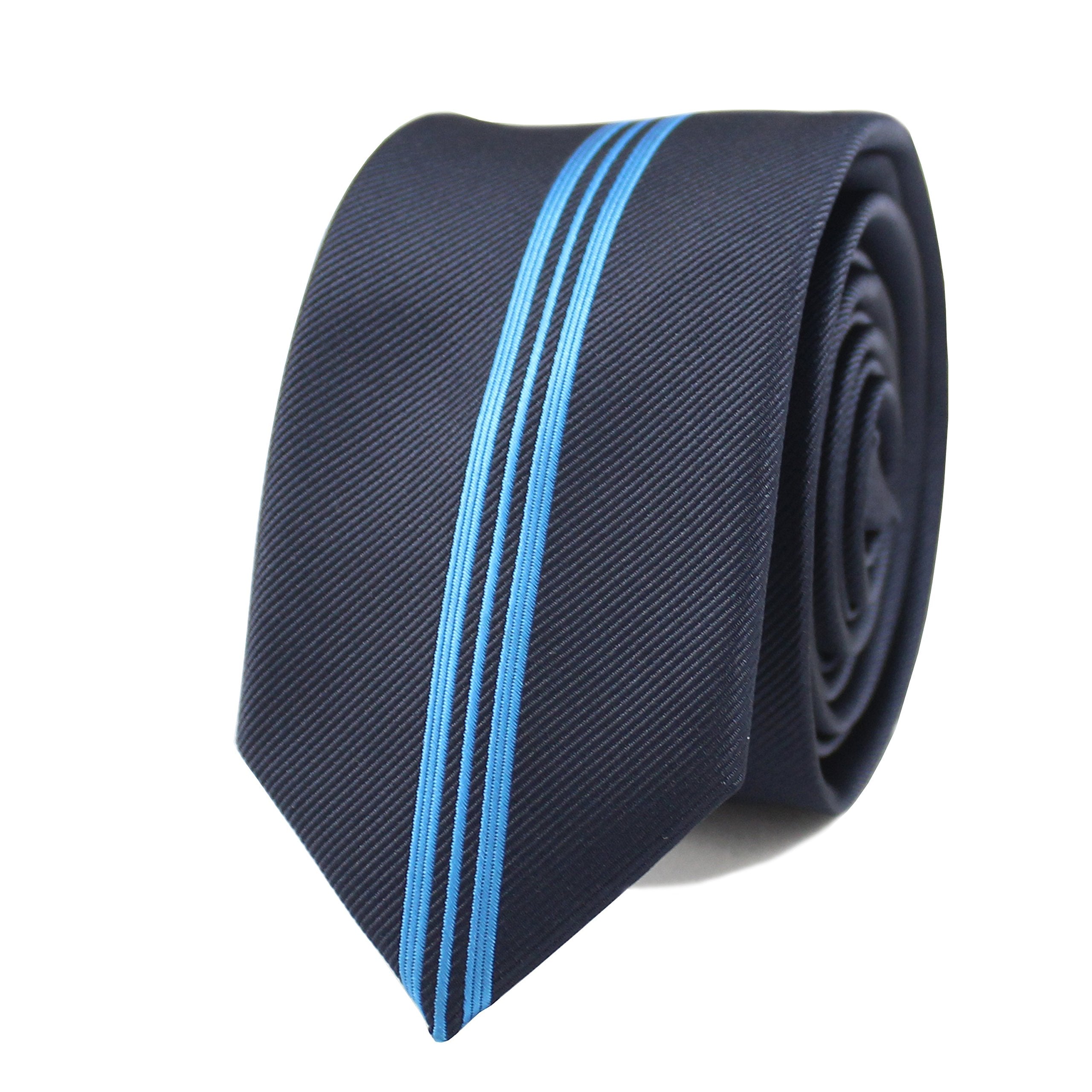 MENDEPOT Black Necktie With Box Black With Vertical Blue Stripe Woven Necktie