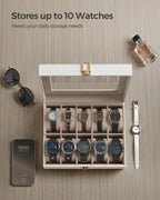 SONGMICS Watch Box, 10-Slot Watch Case with Large Glass Lid, Removable Watch Pillows, Watch Box Organizer, Gift for Loved Ones,