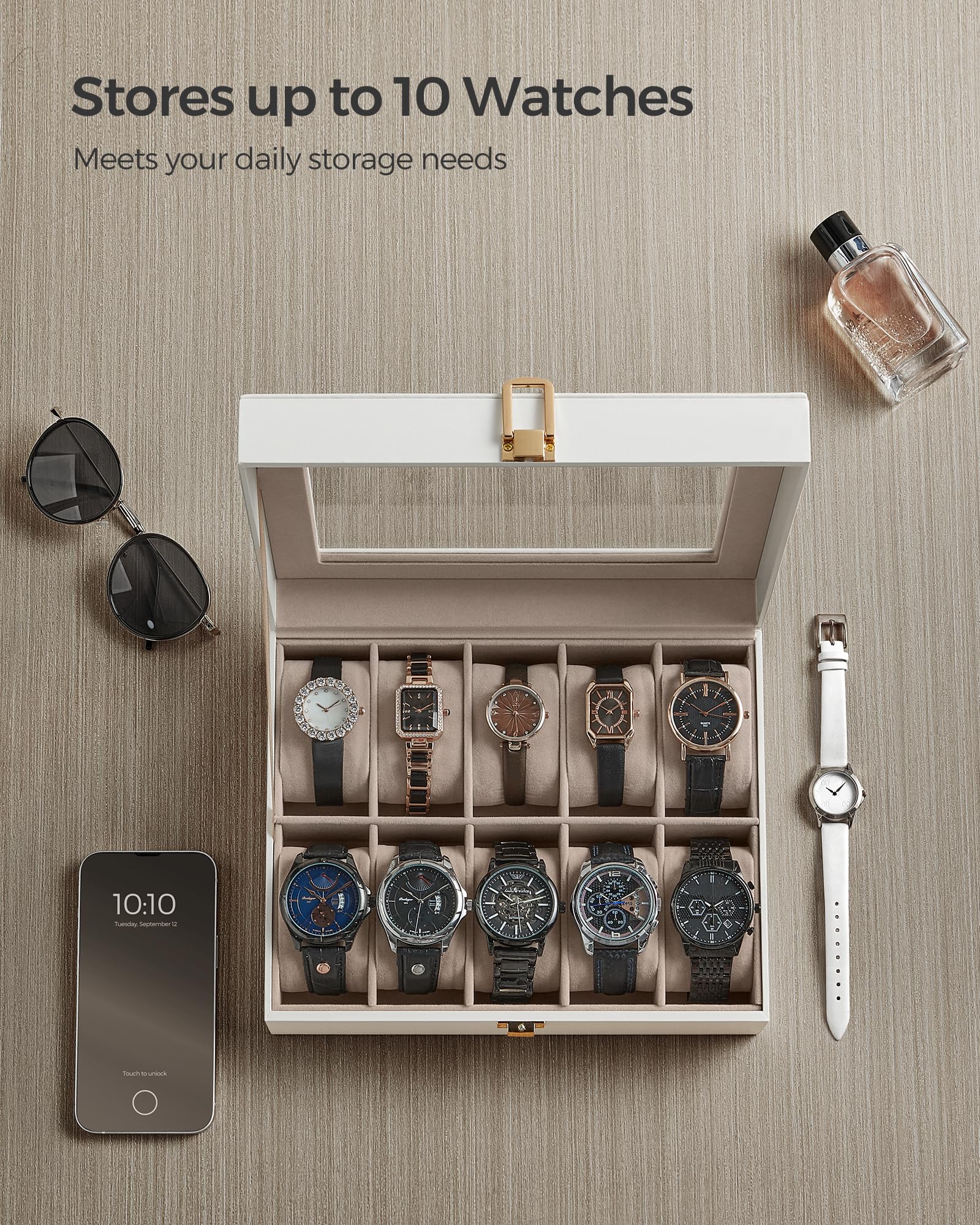 SONGMICS Watch Box, 10-Slot Watch Case with Large Glass Lid, Removable Watch Pillows, Watch Box Organizer, Gift for Loved Ones,