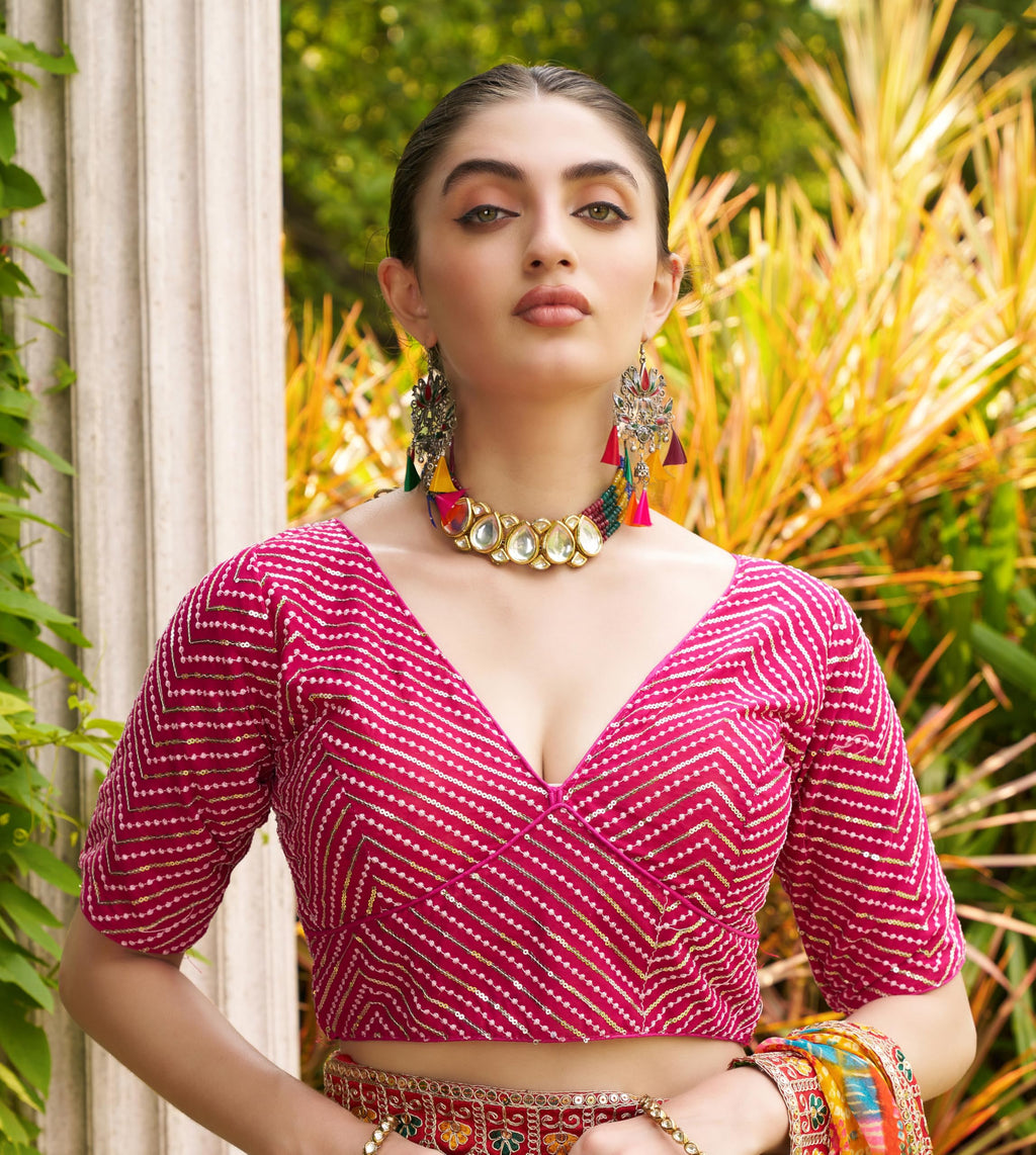 Pujia Mills Georgette Womens Fancy Readymade Half Sleeve Sequins Saree Blouse