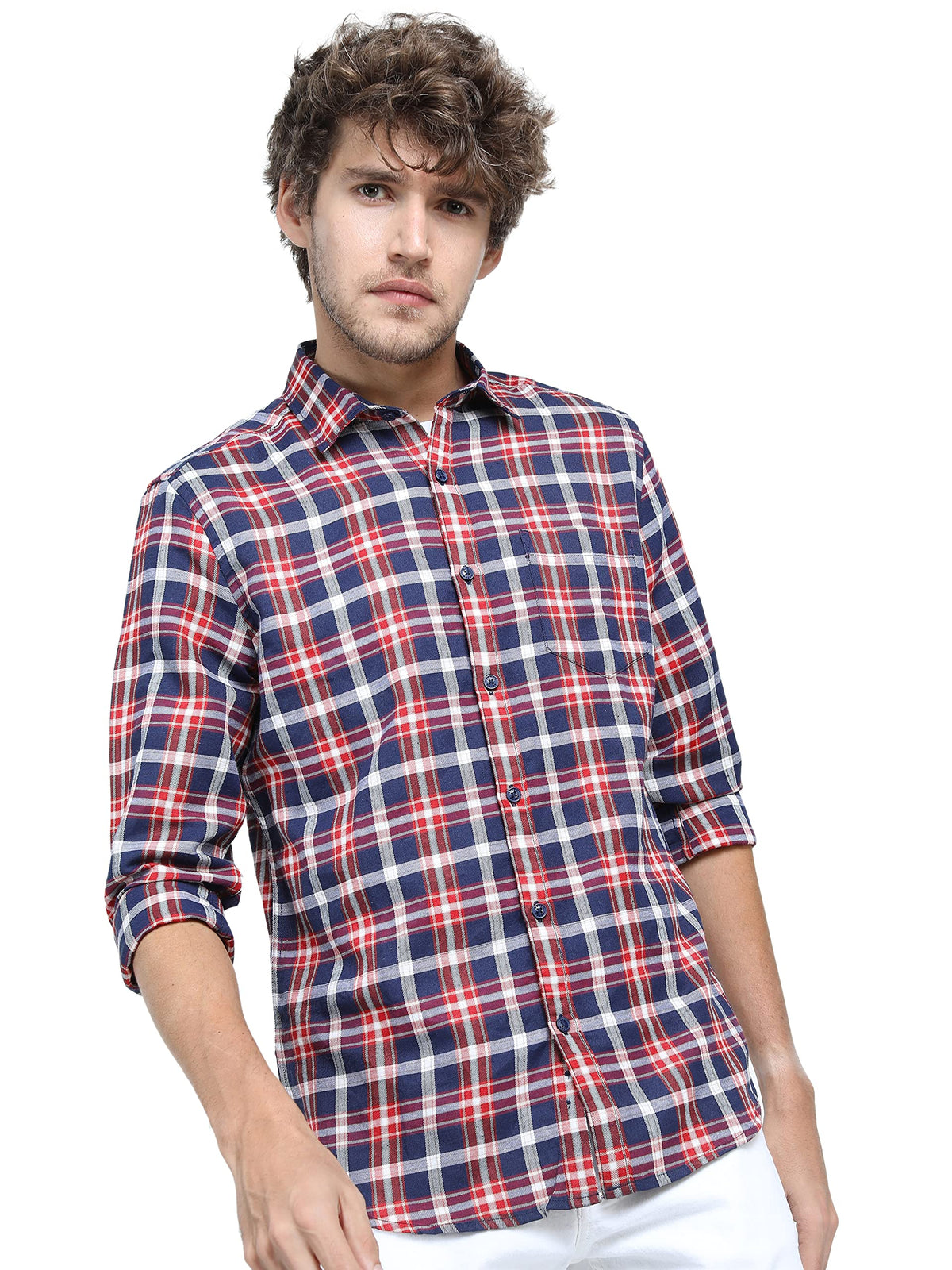 Ketch Men Polycotton Slim Fit Shirt (Khsh000626_Navy/Red, Small)