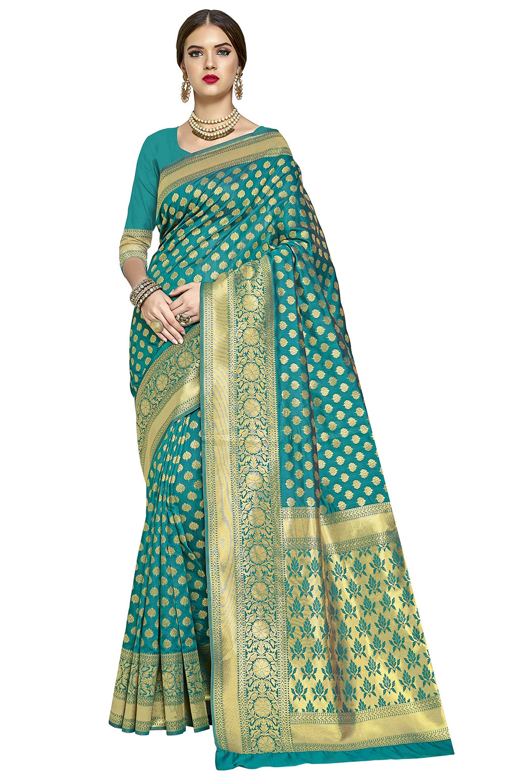 Glory Sarees Womens Jacquard Art Silk Kanchipuram Saree (kara115tealgreen_Teal Green)