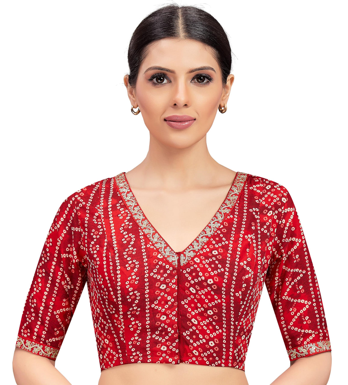 Studio Shringaar WomenS Polyester Bandhni Printed & Embroidered Saree Blouse With Elbow Length Sleeves (Red,34) 34