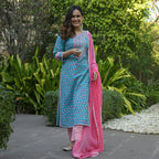 Gosriki Women'S Pure Cotton Straight Kurta With Palazzos & Dupatta (Bp-Go)