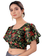 Pujia Mills WomenS Multicolor Butterfly Floral Print Pattern Ruffle Sleeve Readymade Saree Blouse