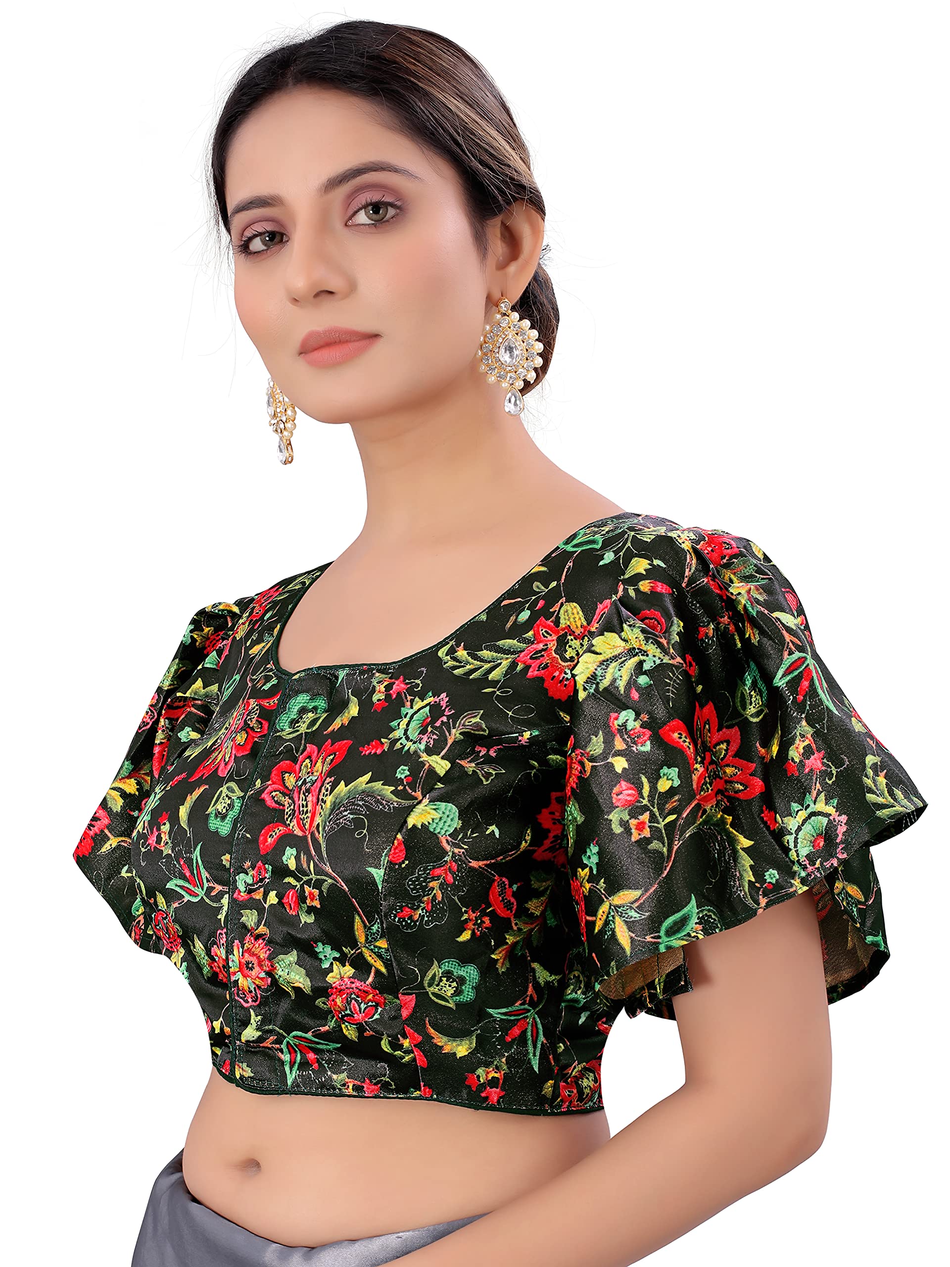 Pujia Mills WomenS Multicolor Butterfly Floral Print Pattern Ruffle Sleeve Readymade Saree Blouse