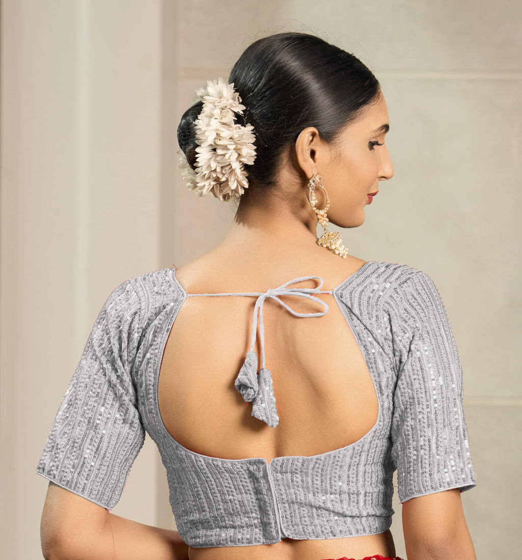 Pujia Mills WomenS Indian Ethnic Wear Designer Silver Sequence With Matching Embroidered Work V Neck Half Sleeve Readymade Padd