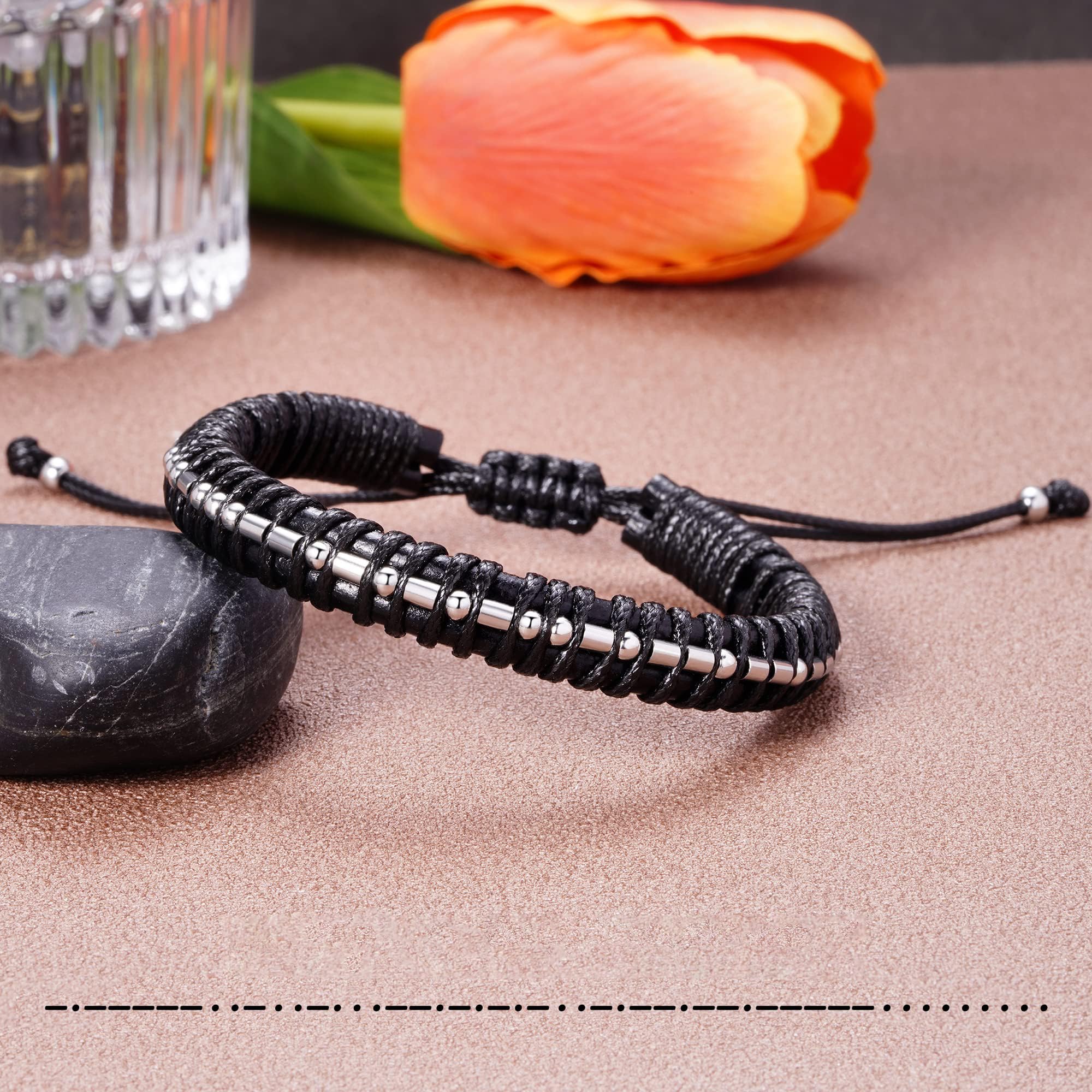 Btysun Funny Gifts for Men Morse Code Bracelet Black Leather Bracelet Braided Inspirational Bracelets for Men Boss Classmate Bir