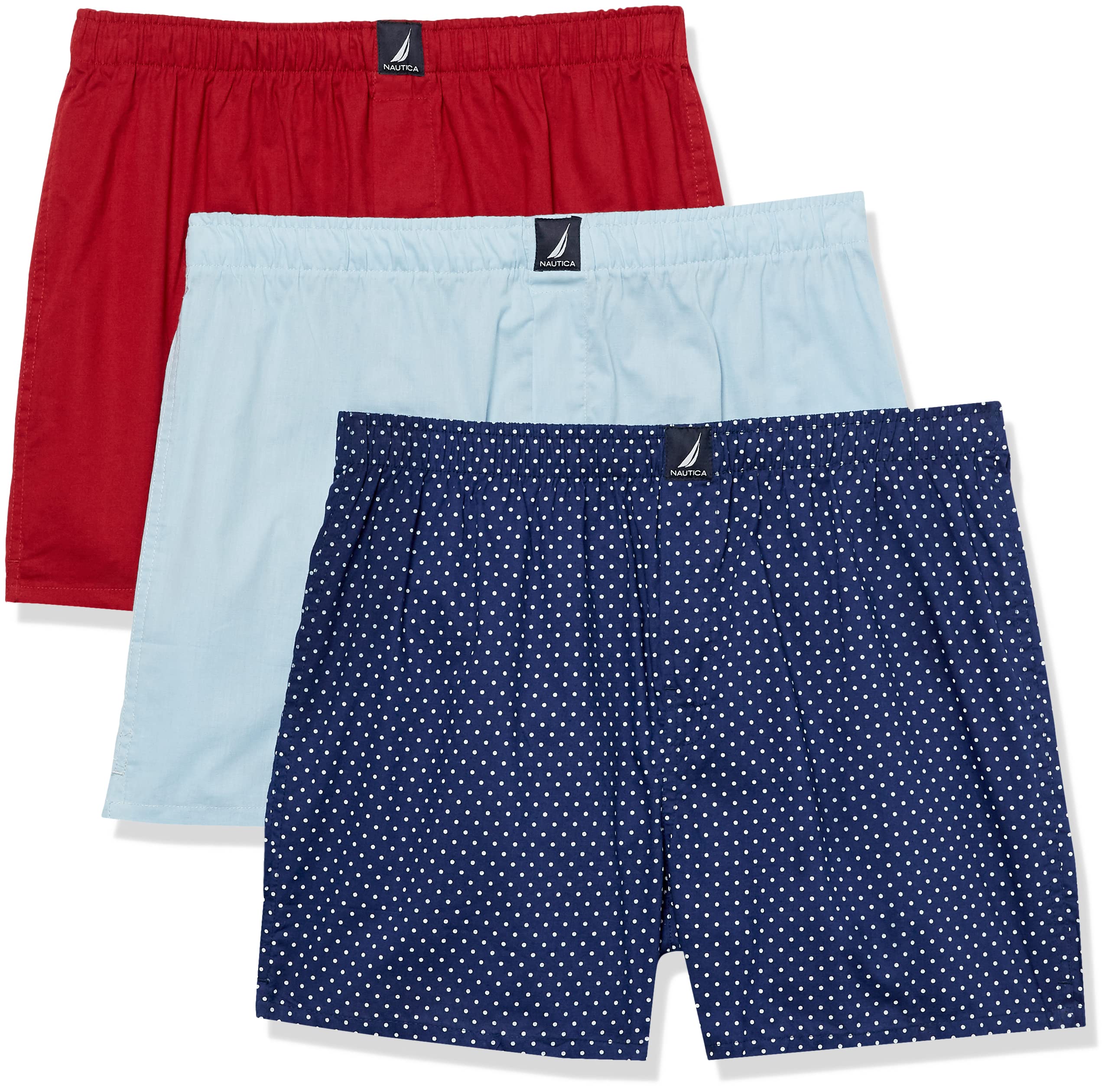 Nautica Mens cotton Woven 3 Pack Boxer, Noon Blue RedPolka Dot Print, Large