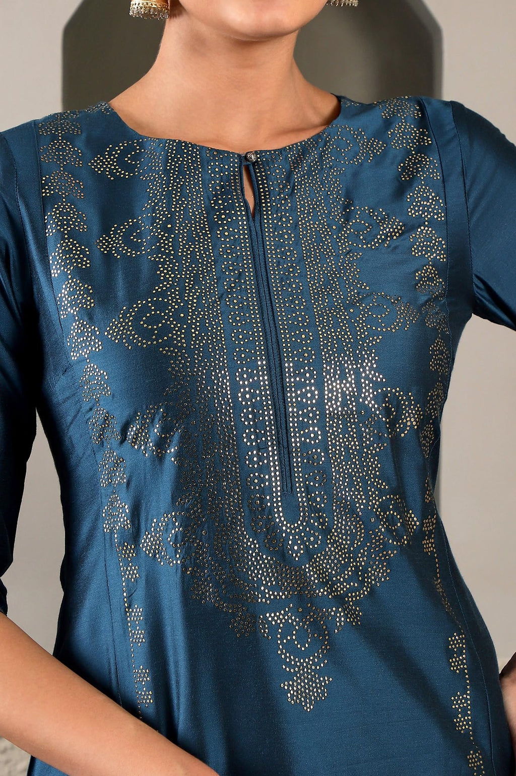 W Women Ps Mukaish Straight Kurta In Blue Colour | Women Mukaish Placement Print Blue Kurta | Blue Festive Straight Kurti For Wo