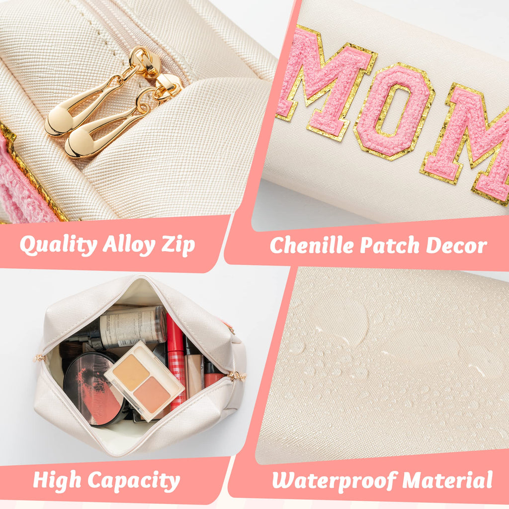 Y1tvei Preppy Patch MOM Varsity Letter Cosmetic Toiletry Bag PU Leather Portable Waterproof Makeup Bag Zipper Pouch Purse Travel