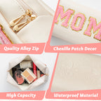 Y1tvei Preppy Patch MOM Varsity Letter Cosmetic Toiletry Bag PU Leather Portable Waterproof Makeup Bag Zipper Pouch Purse Travel