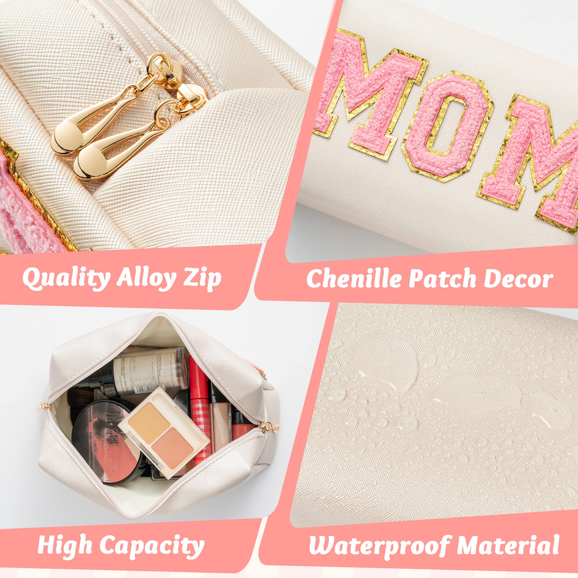 Y1tvei Preppy Patch MOM Varsity Letter Cosmetic Toiletry Bag PU Leather Portable Waterproof Makeup Bag Zipper Pouch Purse Travel