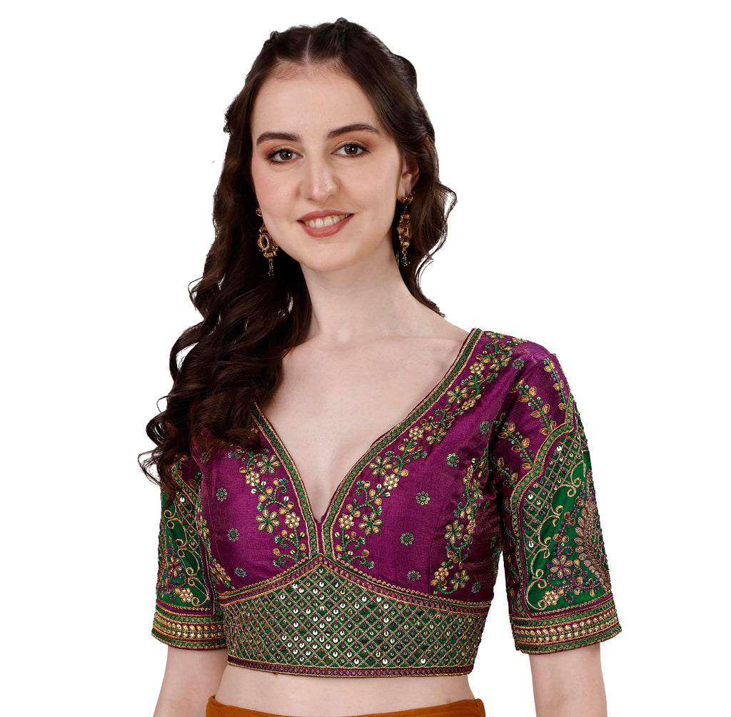 Pujia Mills Womens Heavy Embroidery Coding with Sequins Work 3/5 Sleeves Fancy Readymade Saree Blouse