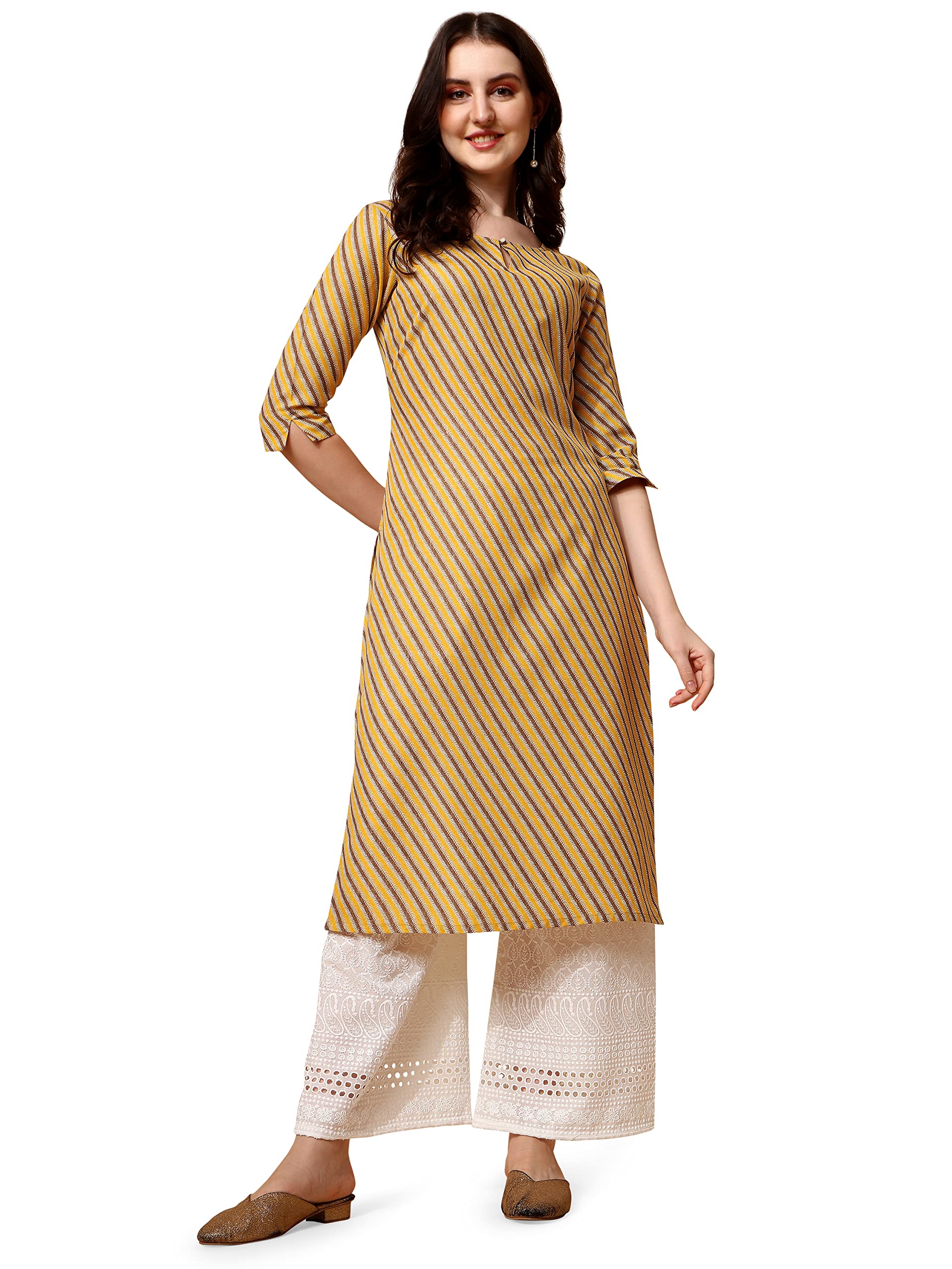 NAINVISH Womens Cotton Blend Straight Round Neck Printed Kurta (SD416_K-XL_Light Yellow)