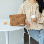 GUTGNK Makeup bag for Women, Corduroy Cosmetic Bag Aesthetic Design Ladies Tote Bag,Cute Smiley Face Makeup Organizer with Zippe