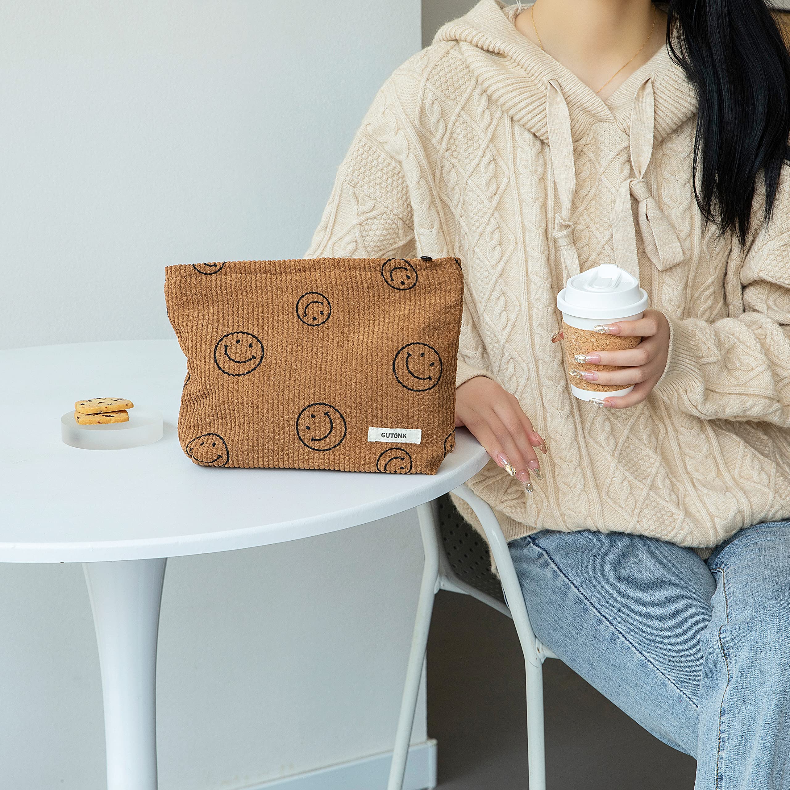 GUTGNK Makeup bag for Women, Corduroy Cosmetic Bag Aesthetic Design Ladies Tote Bag,Cute Smiley Face Makeup Organizer with Zippe