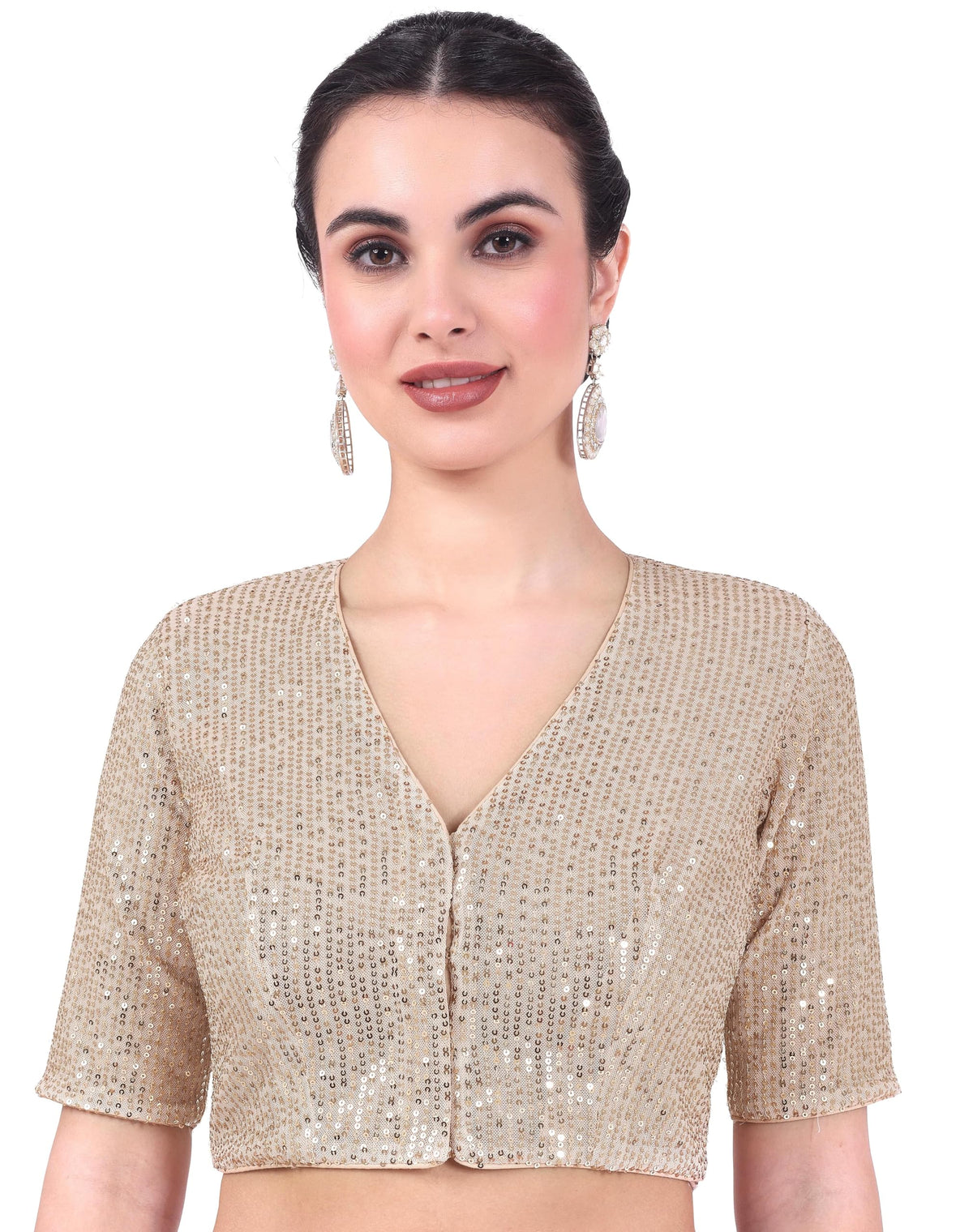 Studio Shringaar WomenS V Neck Sequin Polyester Elbow Length Sleeves Readymade Saree Blouse (Gold, 36) 36