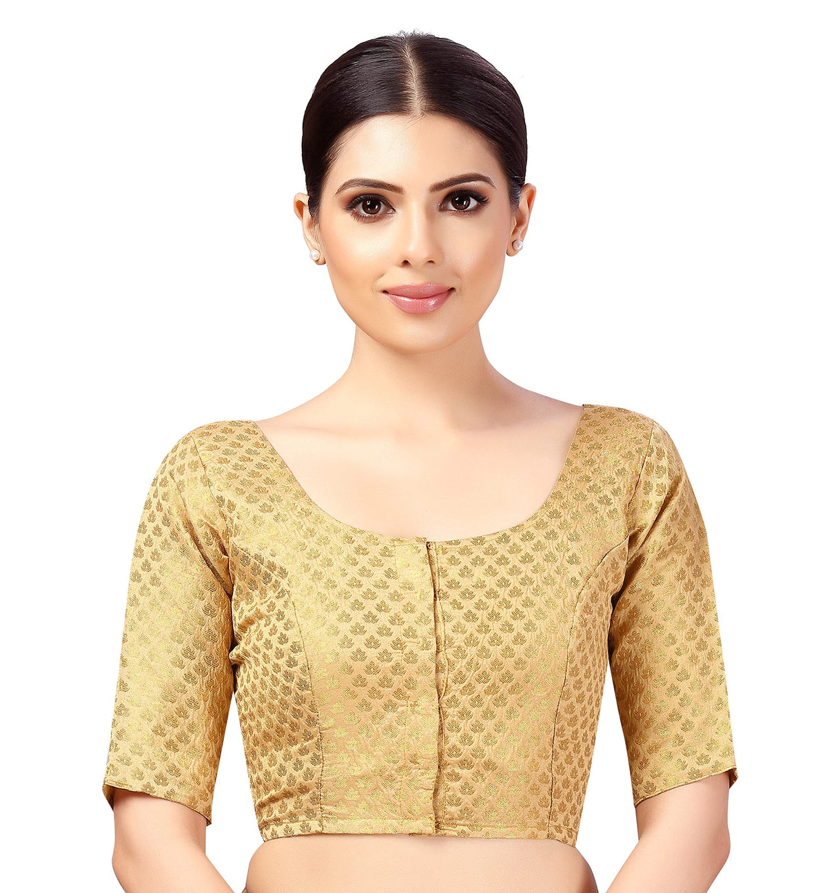 Studio Shringaar WomenS Readymade Brocade Saree Blouse With Elbow Length Sleeves (2157Gold, 40) 40