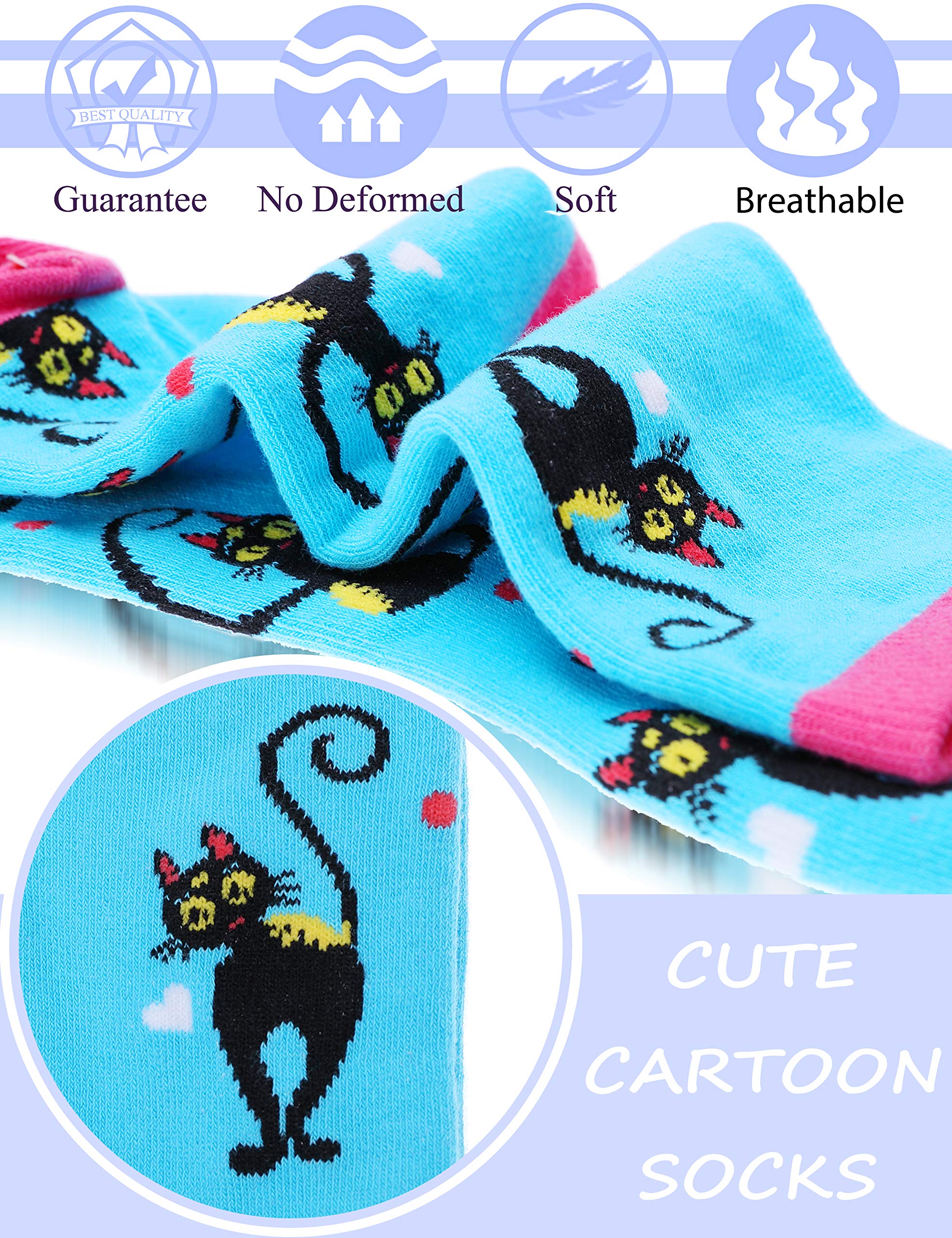 Girls Fashion Cotton Crew Cute Cat Shorty Socks 6 Pack (Cat, 9-14 Years Old)