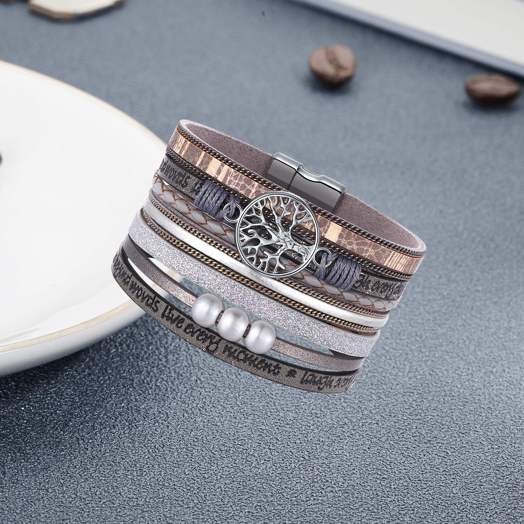 Mom Gifts, Grey Wrap Boho Leather Stacking Multilayer Wide Layered Buckle Family Tree of Life Mom Bracelets, Birthday Christmas