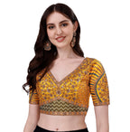 Pujia Mills Mills Womens Fancy Readymade Heavy Coding Embroidary Worked Half Sleeve Yellow Saree Blouse(Mushroom Yellow_42)