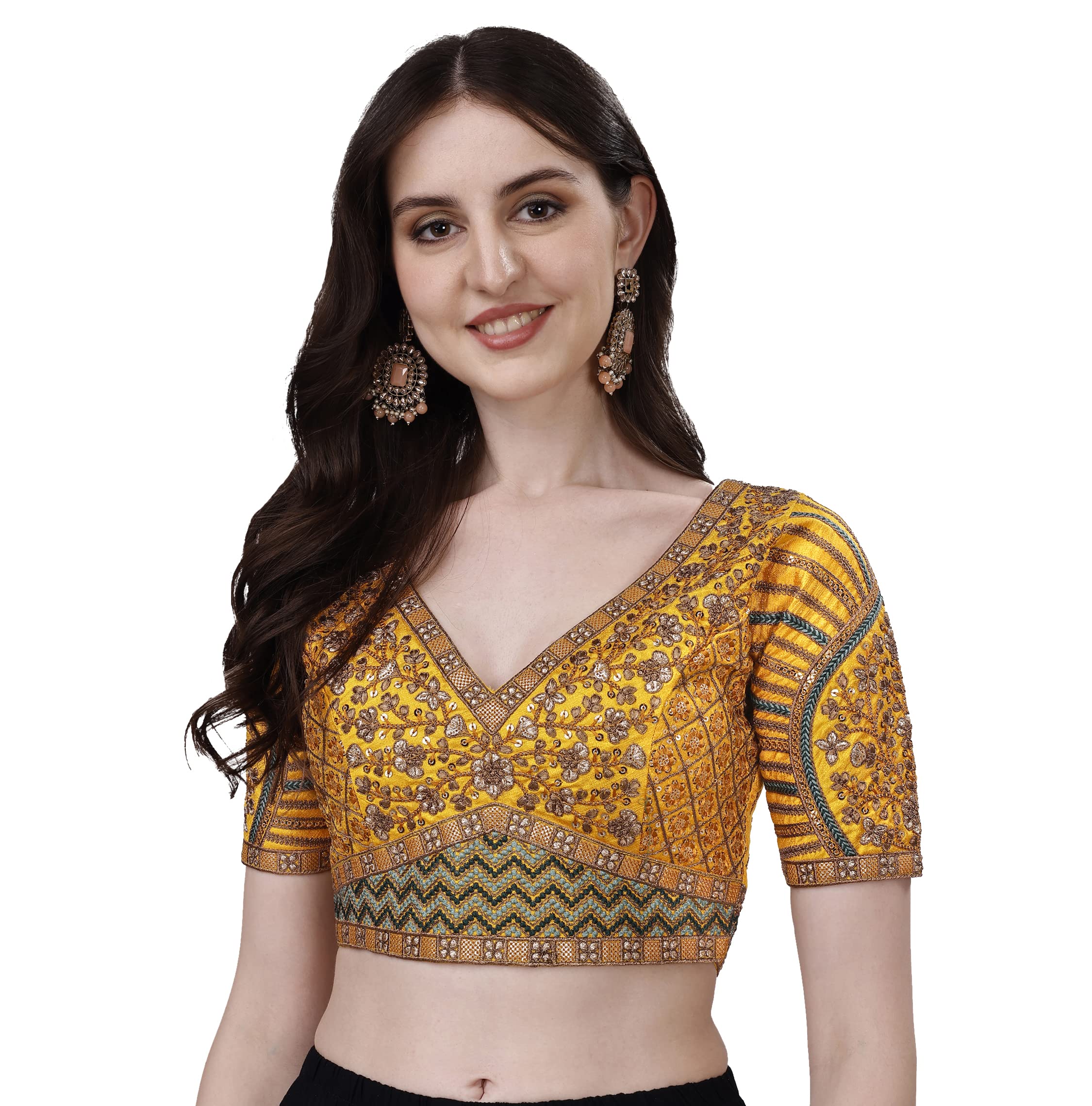 Pujia Mills Mills Womens Fancy Readymade Heavy Coding Embroidary Worked Half Sleeve Yellow Saree Blouse(Mushroom Yellow_42)