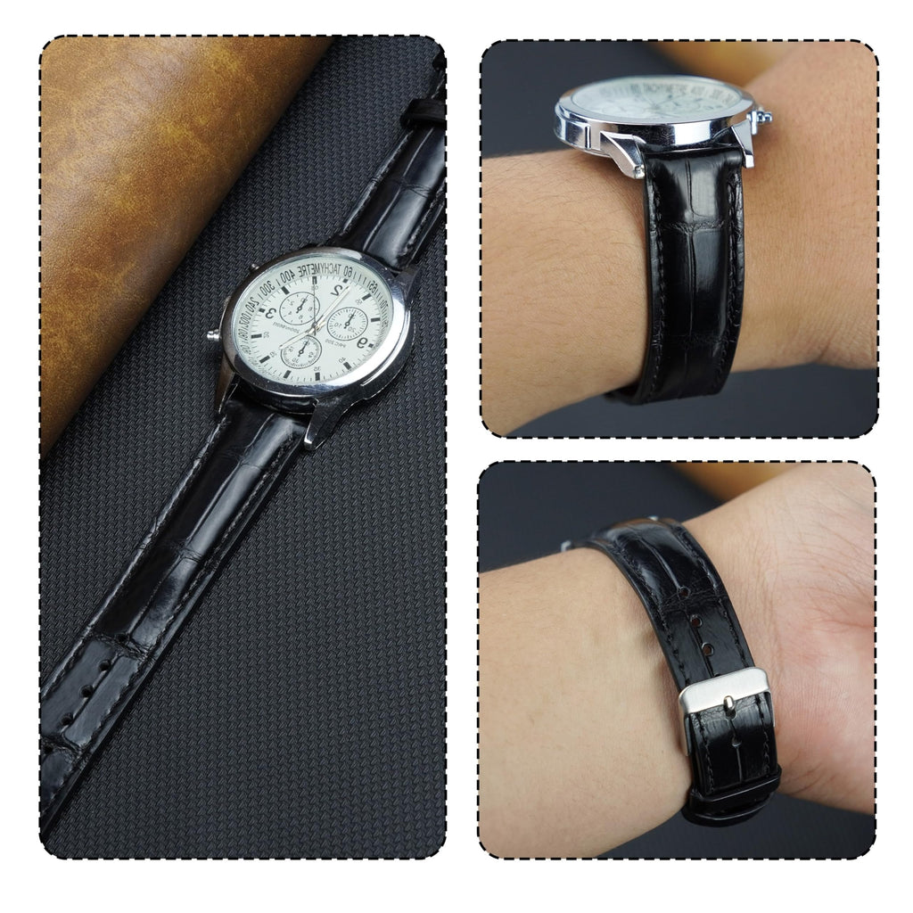 vinacreations 21mm Black Handmade Alligator Belly Leather Watch Band Men Quick Release Premium Crocodile Strap by Vietnamese DH-