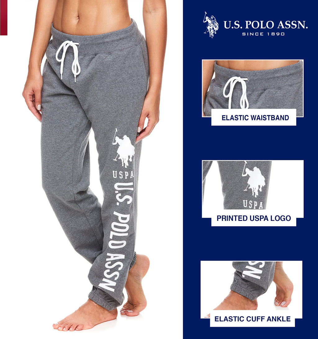 U.S. Polo Assn. Essentials Womens Sweatpants Joggers - Lounge Pants for Women (Charcoal Heather with White Print, Medium)