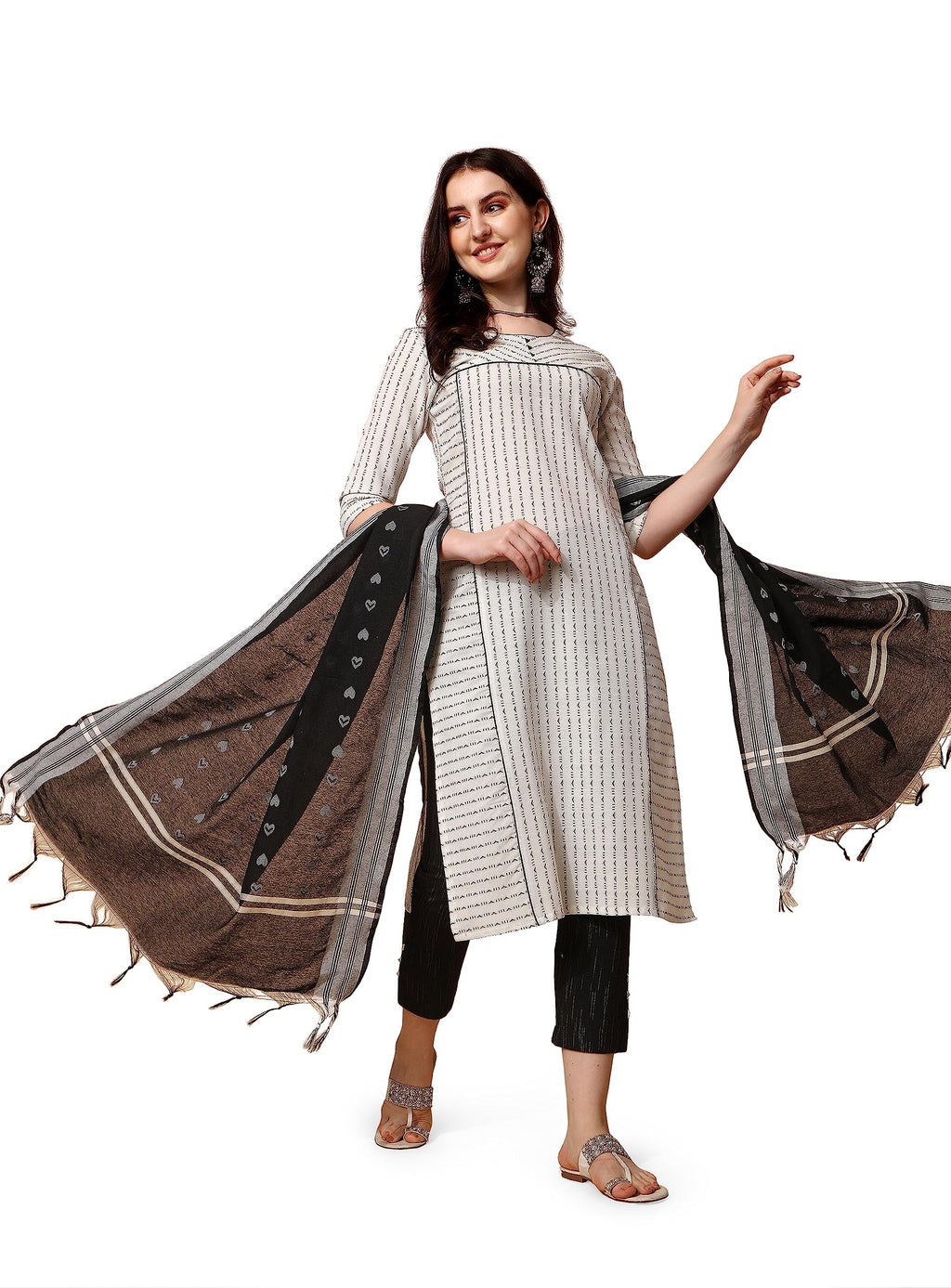 Nainvish Women'S Cotton Straight Round Neck Printed Kurta Pant With Dupatta (Sd473_Kbd-L._White)