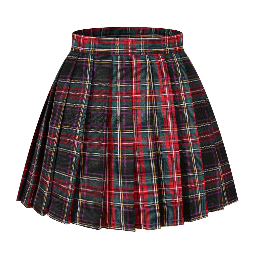 Girl's Japan School Plaid leated Uniform Fancy Skirts (S,Black Mixed Rose Red)