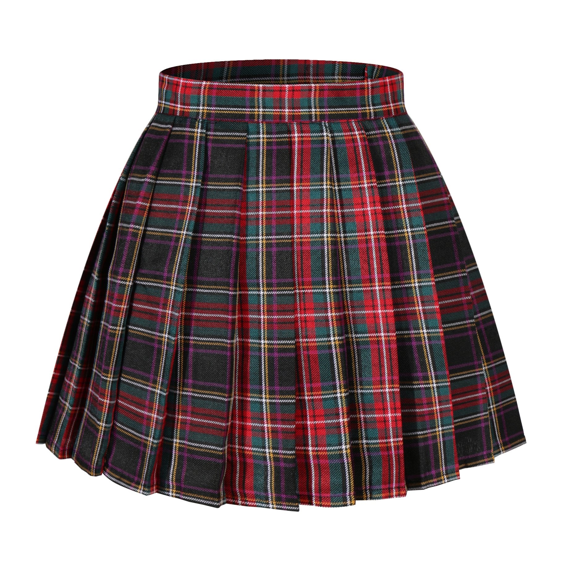 Girl's Japan School Plaid leated Uniform Fancy Skirts (S,Black Mixed Rose Red)