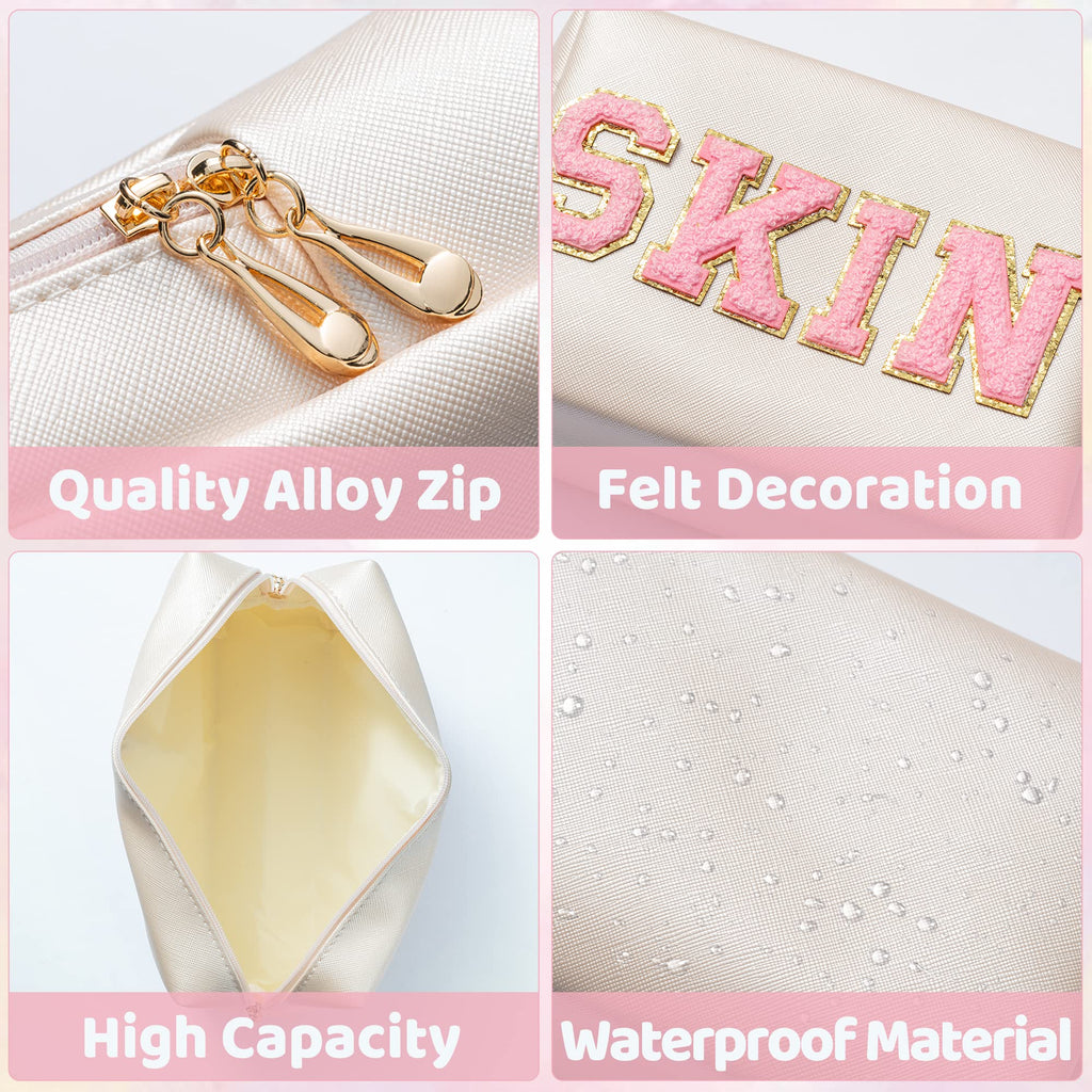 Y1tvei Preppy Patch SKIN Varsity Letter Cosmetic Toiletry Bag PU Leather Portable Makeup Bag Zipper Pouch Storage Purse Waterpro